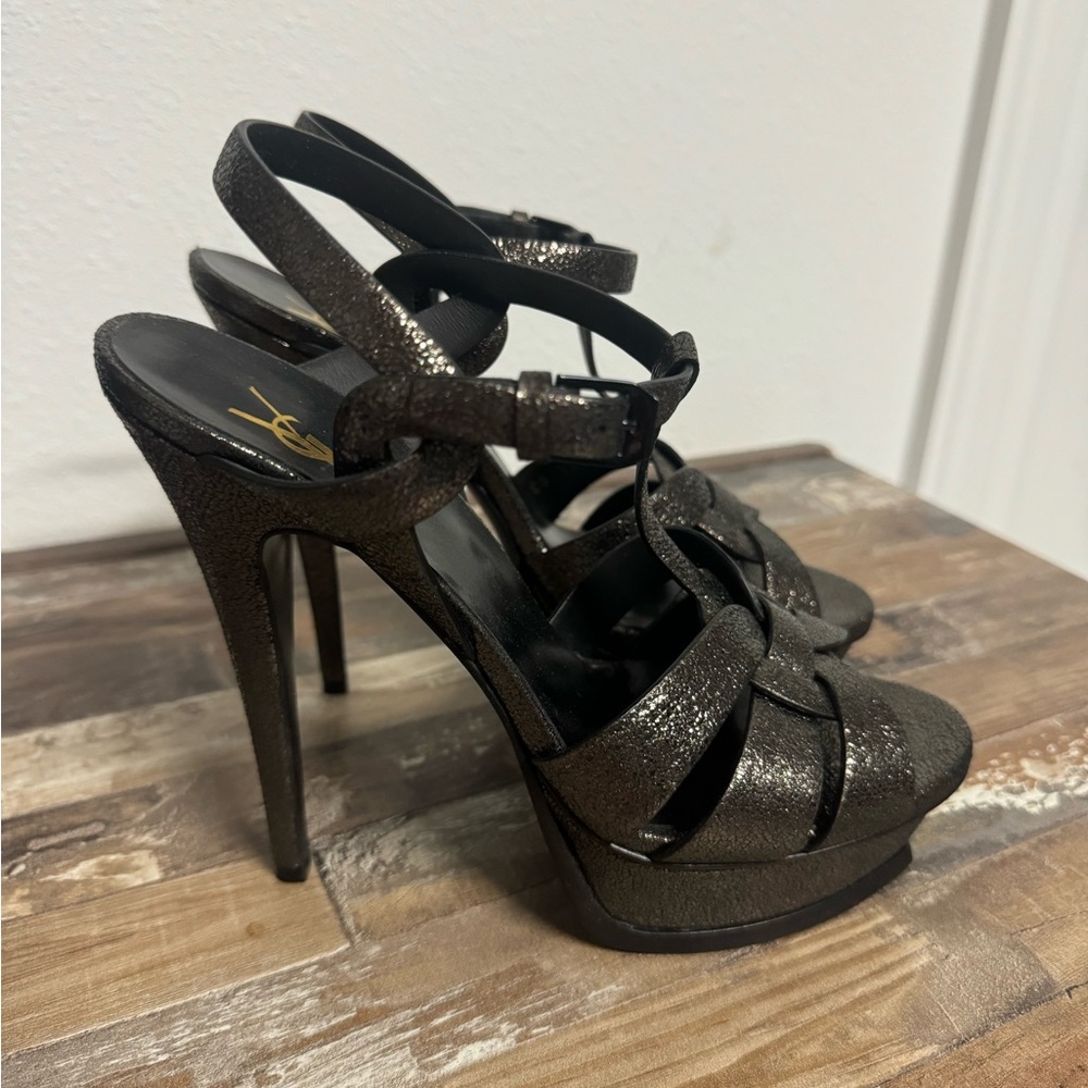 Saint Laurent Metallic Black Strappy Heels - Picture 2 of 4